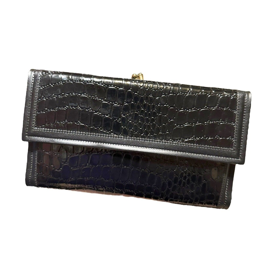 Vintage Black Embossed Shiny Clutch Handbag Wallet Kiss Lock
